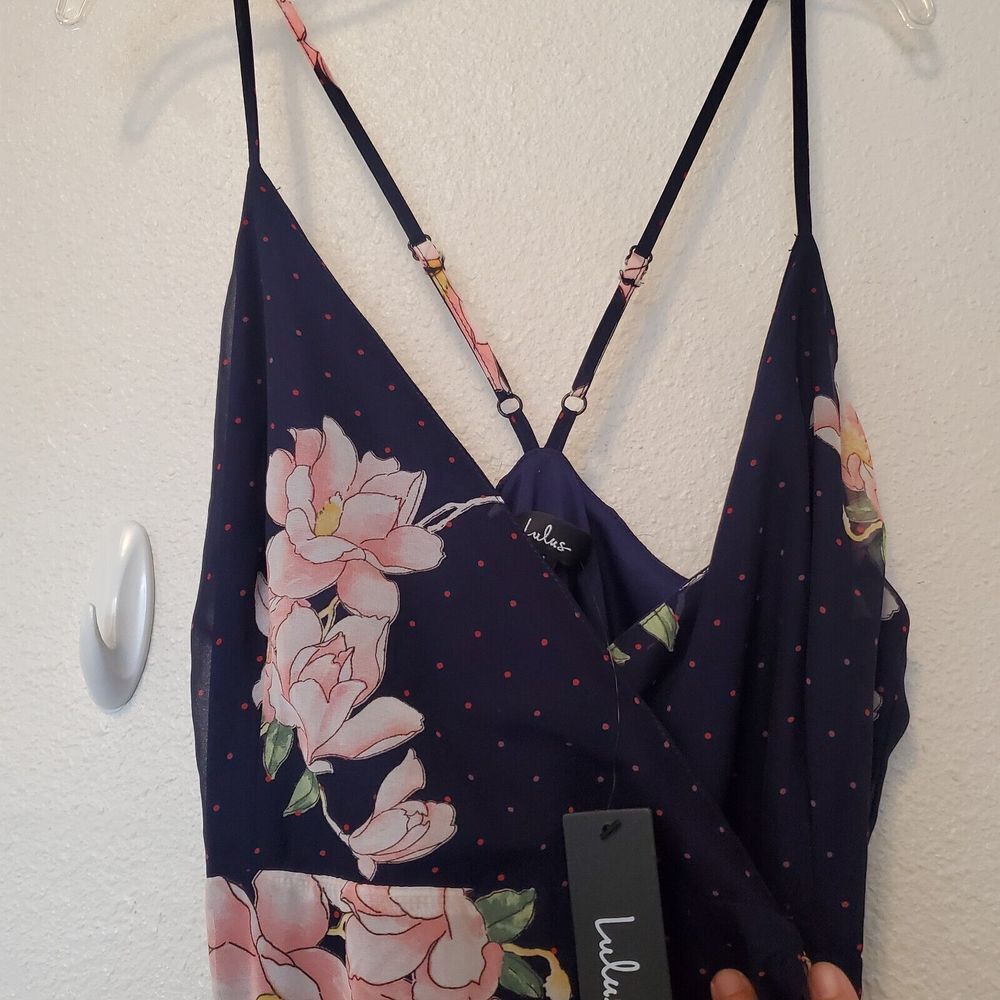 Lulus Maxi Dress Loiselle Navy Blue Floral Print Polka Dot Wrap Dress Size M NWT - Picture 10 of 16
